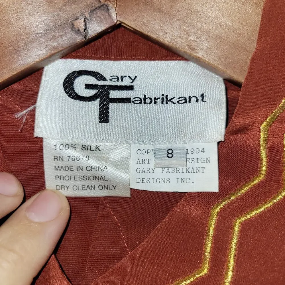 Vintage Gary Fabrikant Ltd Shirt Womens Sz 8 Red 100% Silk Embroidered Grandma